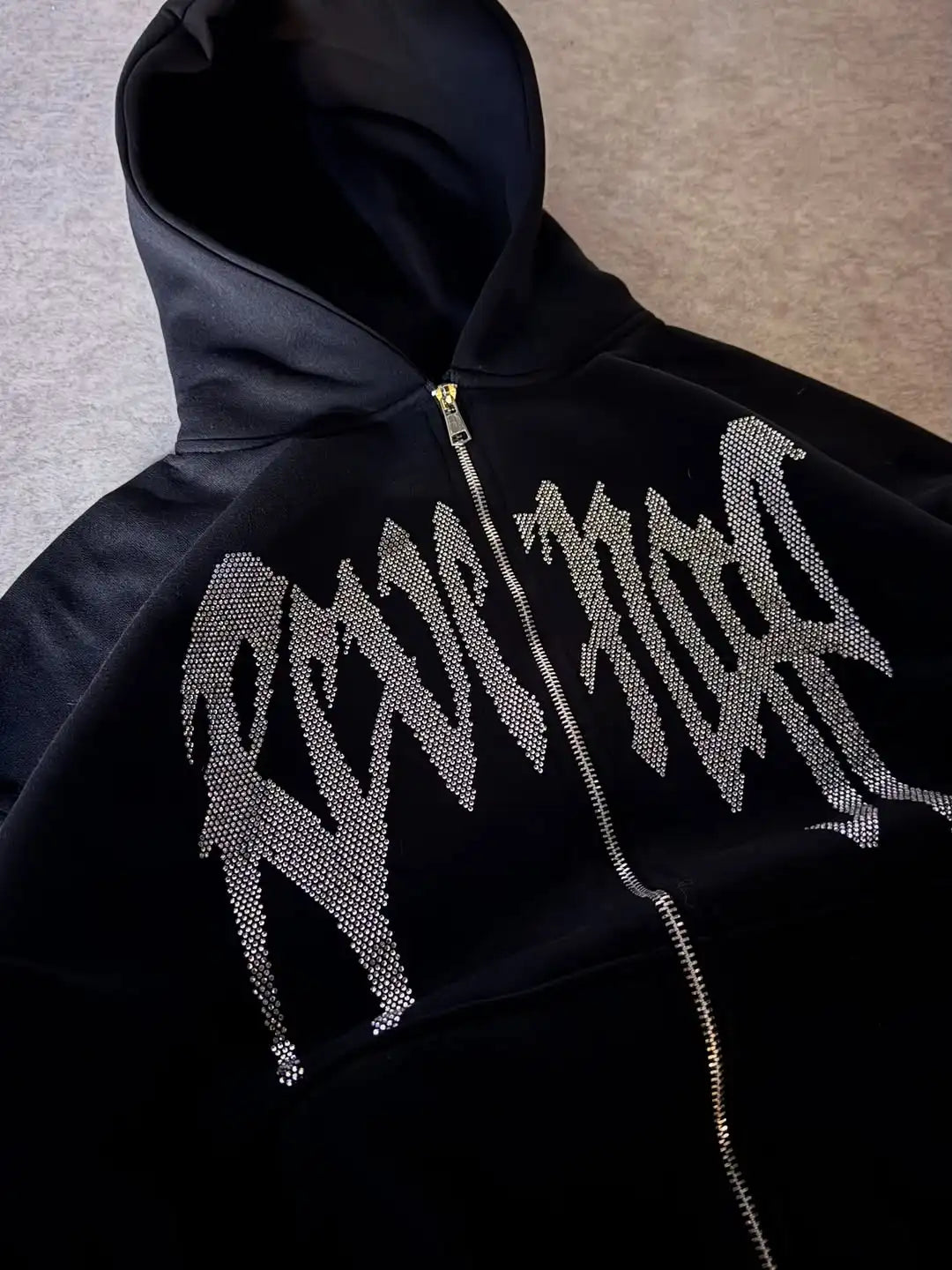 Rhinestone Gothic Hoodie Unisex Black Zip Up Sweatshirt Crystal Filled Letter Print Red White Color Men Streetwear Hip Hop Top