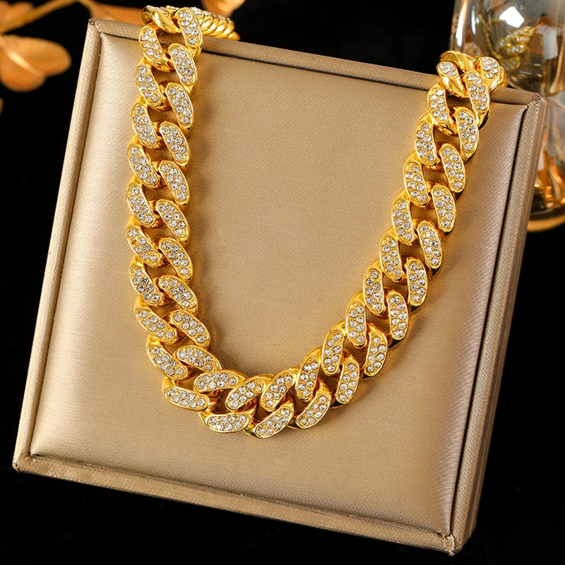 EILIECK Silver Color Thick Cuban Necklace Bracelet Set For Women New Punk Zircon Chain Waterproof Jewelry Party Gift Bijoux