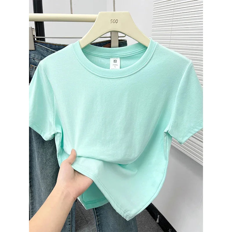 2026 Summer New High Quality Casual Plus Size T Shirt Sexy Short Sleeved Sleeves Fashion Trend Solid Women Clothing Y2k Tops