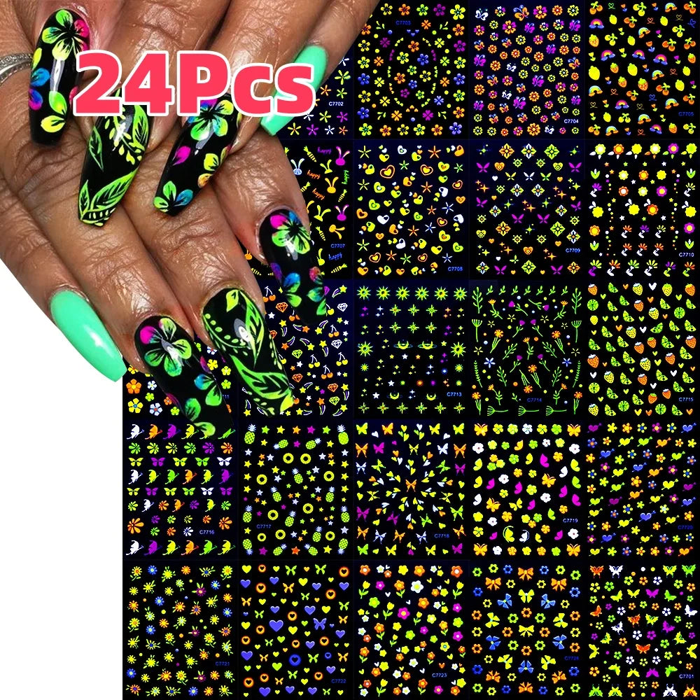 24Pcs 3D Fluorescent Flower/Butterfly Nail Stickers Glow in the Dark Adhesive Decals Neon Floral Sticker for Party Nails Decor *