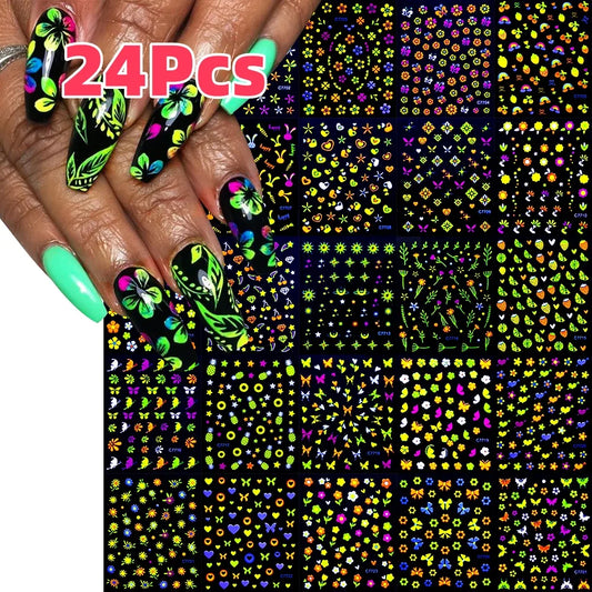 24Pcs 3D Fluorescent Flower/Butterfly Nail Stickers Glow in the Dark Adhesive Decals Neon Floral Sticker for Party Nails Decor *