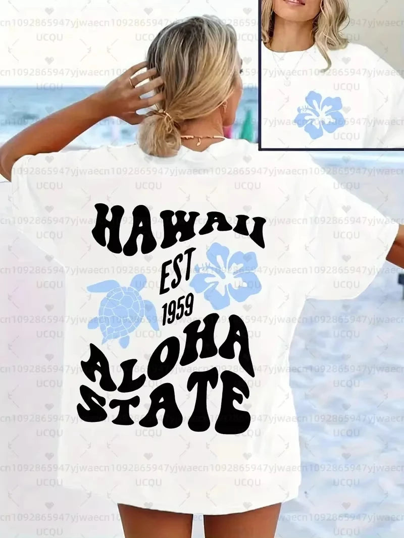 Women's "Let'S Go Hawaii" Graphic T-Shirt Hibiscus Print Casual Short Sleeve Crew Neck Top Beach Outings and Tropical Vibes