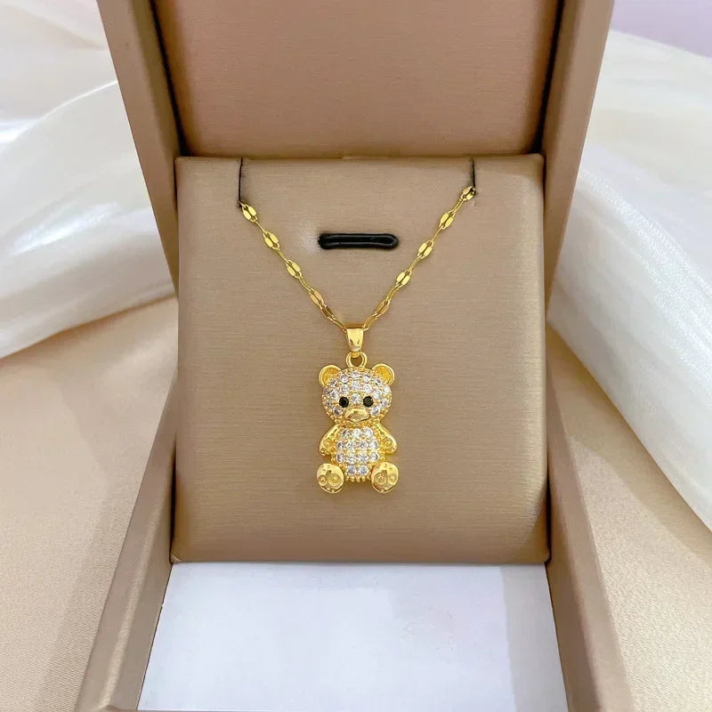 Gold Color Stainless Steel Chain Cute Shiny Zircon Bear Pendant Necklaces for Women Girls Lovely Luxury Jewelry Accessories Gift