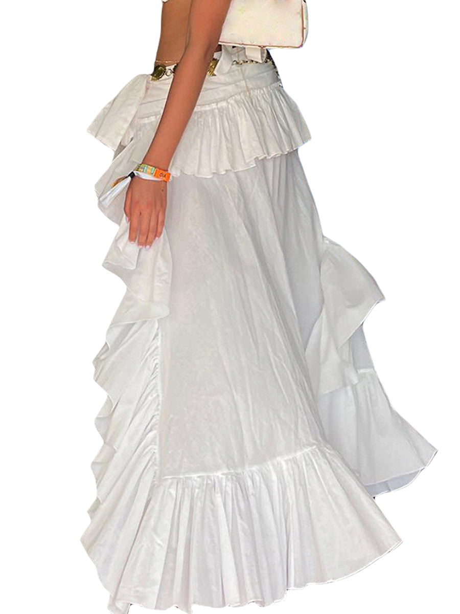 Women's Elastic Band Waist Flowy Skirt Irregular Ruffle Asymmetrical Midi White Boho Skirt Streetwear