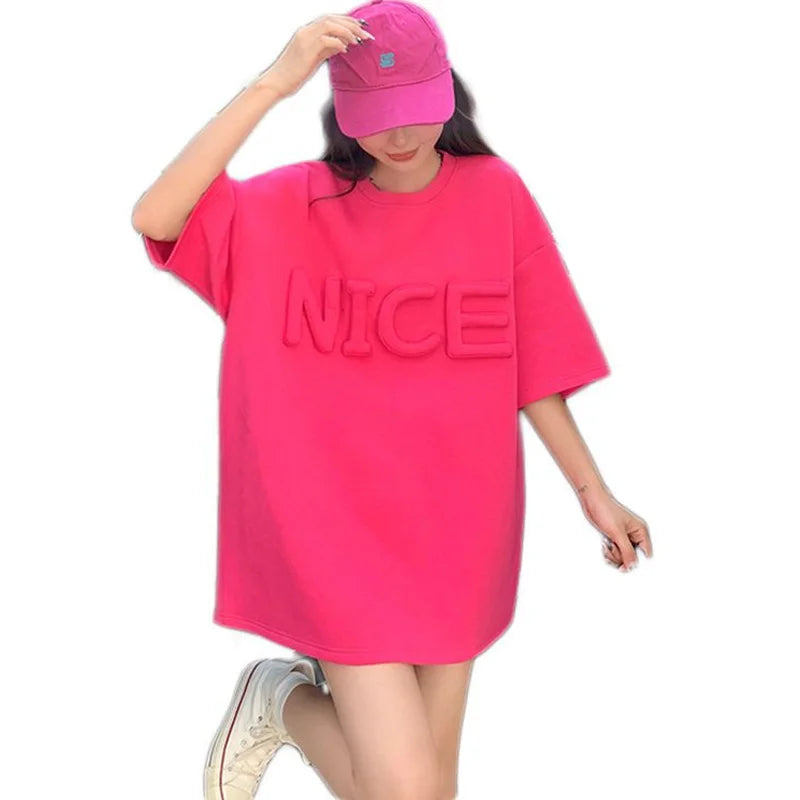 "NICE" 3D Letter Loose Casual Versatile Oversized Mid Length Short Sleeved T-Shirt