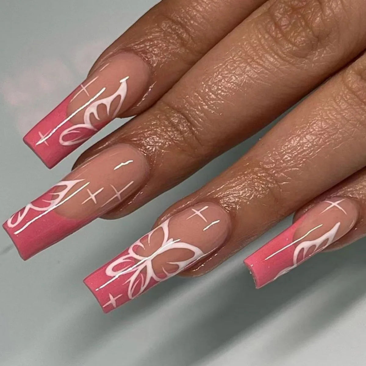 24Pcs Extra Long Square Fake Nail with Glue 3D Little Bear Bow Design False Nails White French Press on Nails Wearable Manicure