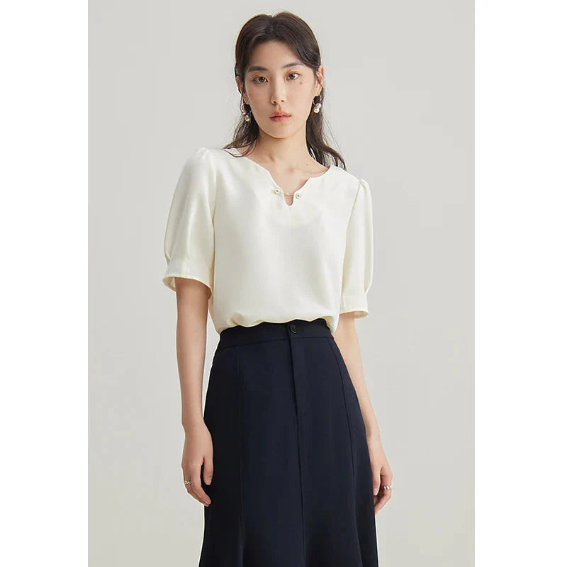 Women’s V-Neck Chiffon Shirt Elegant Slimming Summer Top
