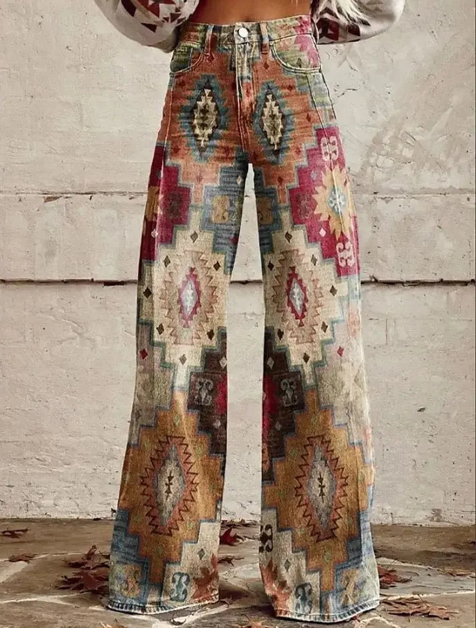Retro Vintage Boho 1970s Pants Wide Legged Pants Hippie Disco High Waist Floral Faux Jeans Style Women's Festival Retro Pants