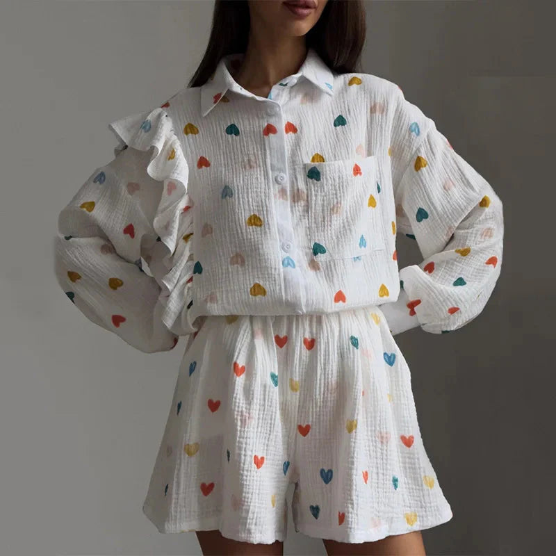Women’s Love Print Cotton Linen Pajama Set with Shorts