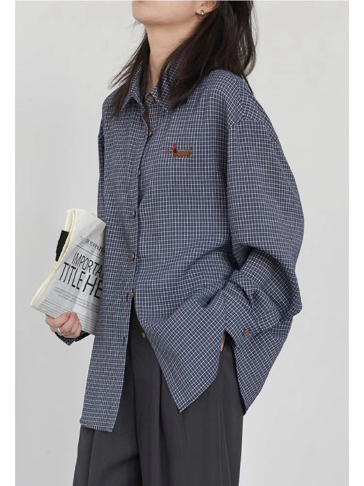 Retro Plaid Embroidered Blouse Loose Casual Long Sleeve