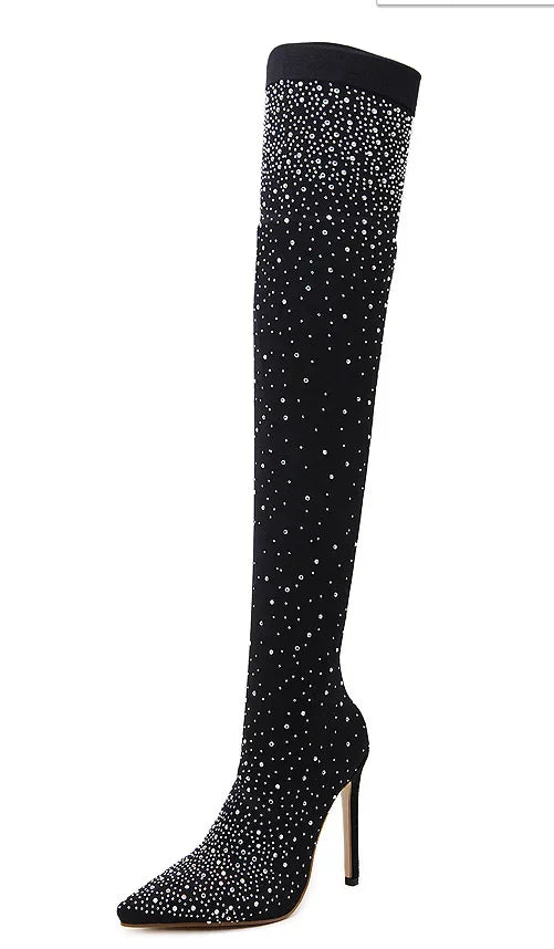 Design Crystal Rhinestone Stretch Fabric Sexy High Heels Sock Over-the-Knee Boots Pointed Toe Pole Dancing Women Shoes