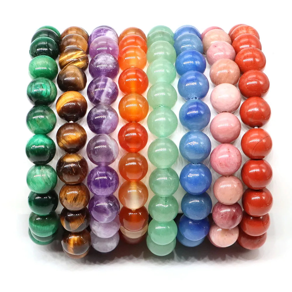 Natural Stone Bracelet Healing Crystal Amethyst Quartz Agate Round Loose Bead Elastic Stretch Bangle For Women Men Jewelry Gifts