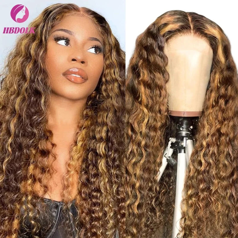 Ombre Honey Blonde 4/27 Highlight 30 34 Inch 5x5 Glueless Lace Front Wig Human Hair Deep Wave Pre Plucked For Women
