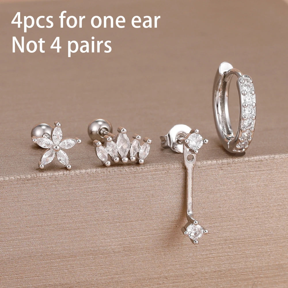 4pcs Stainless Steel Zircon Water Drop Earrings Set