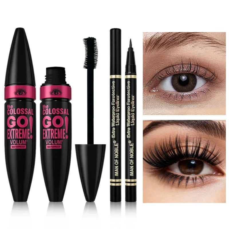Mascara with Eyeliner Combo Black Slim Drawing Line Smooth Definition Long Lasting Waterproof Eye Makeup 2 Pcs Set