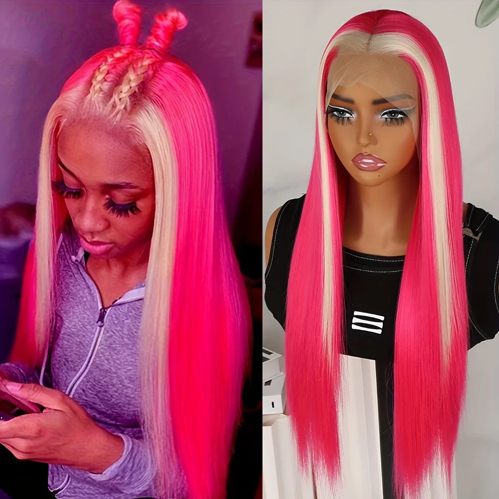 Hot Pink Light Blonde Highlights Mixed Color 13x4 Lace Front Wigs Glueless Skunk Stripe Hair Synthetic Long Straight Heat Safe