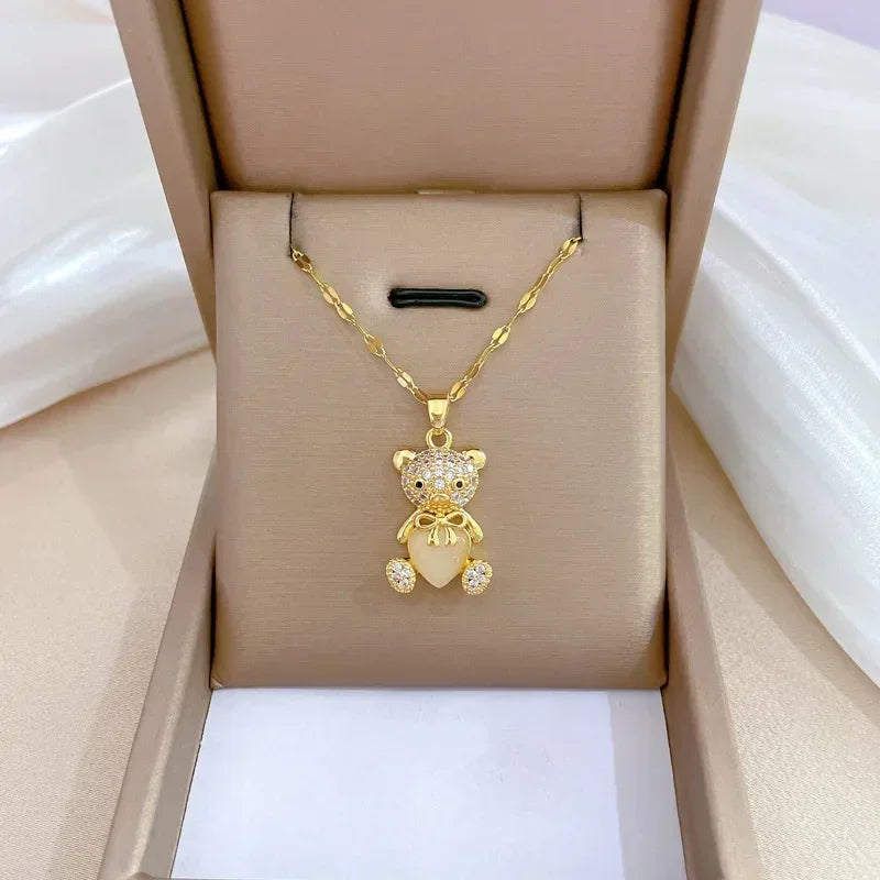 Gold Color Stainless Steel Chain Cute Shiny Zircon Bear Pendant Necklaces for Women Girls Lovely Luxury Jewelry Accessories Gift