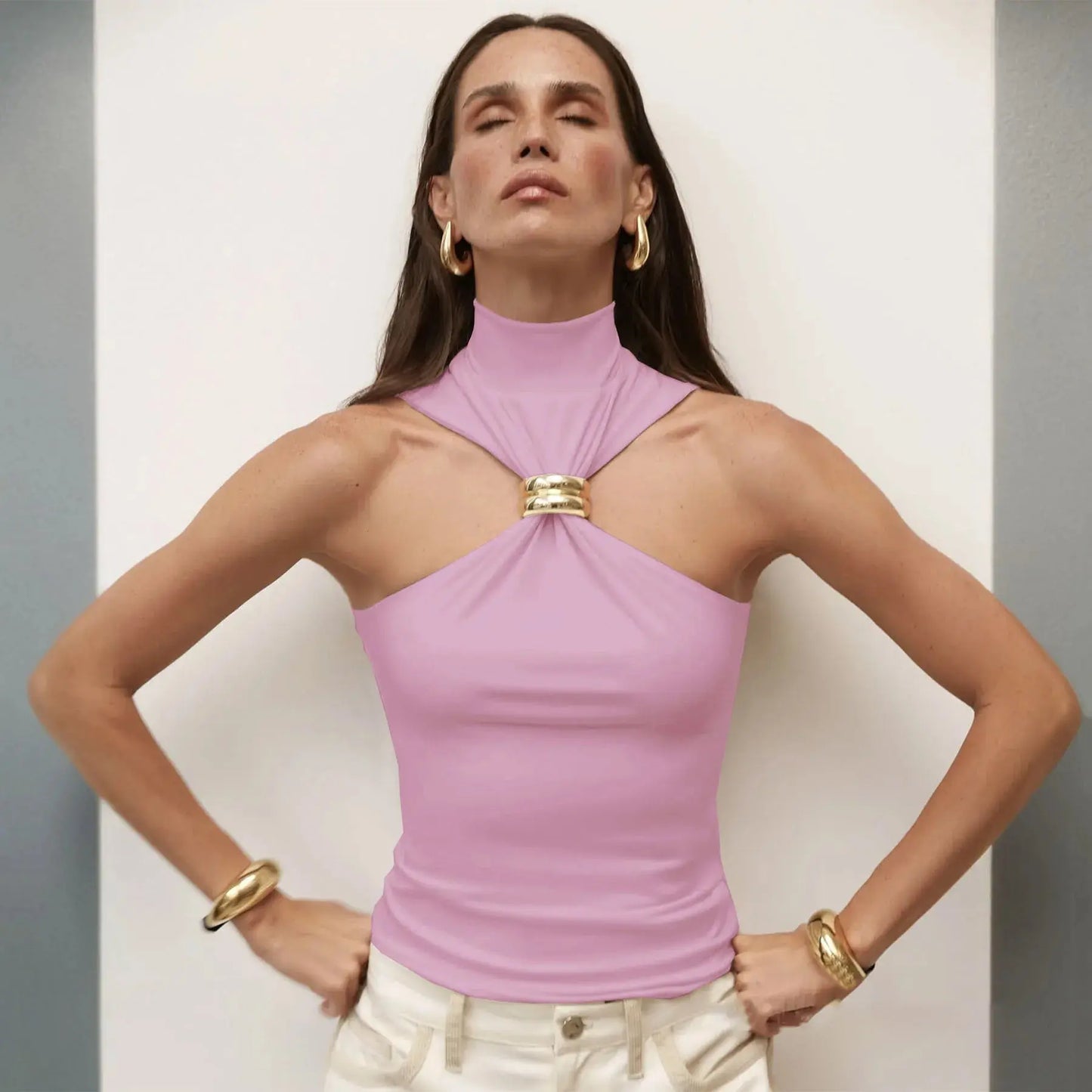 Sleeveless Knit Turtleneck Top with Metal Ring