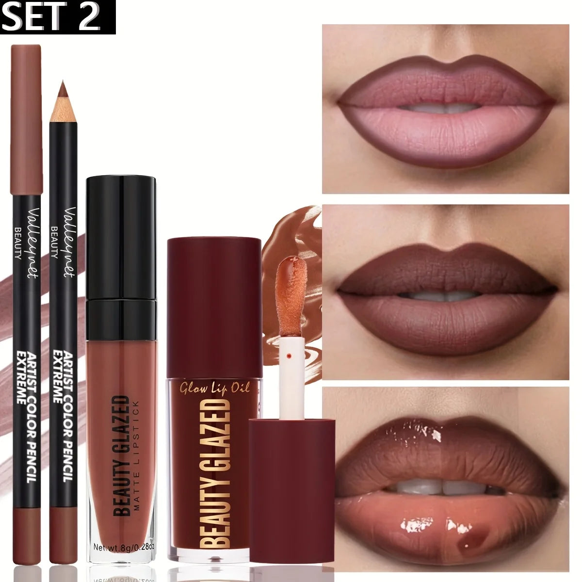 3pcs/Set Makeup Set,Matte Lip Liner+Natural Lip Glaze+Moisturizing Lip Oil,Long Lasting Waterproof & Sweat-Proof