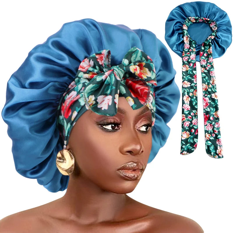 New Silky Bonnet for Sleeping Women Satin Bonnet Night Sleep Cap Large stretch printed ribbon colored nightcap hair care cap