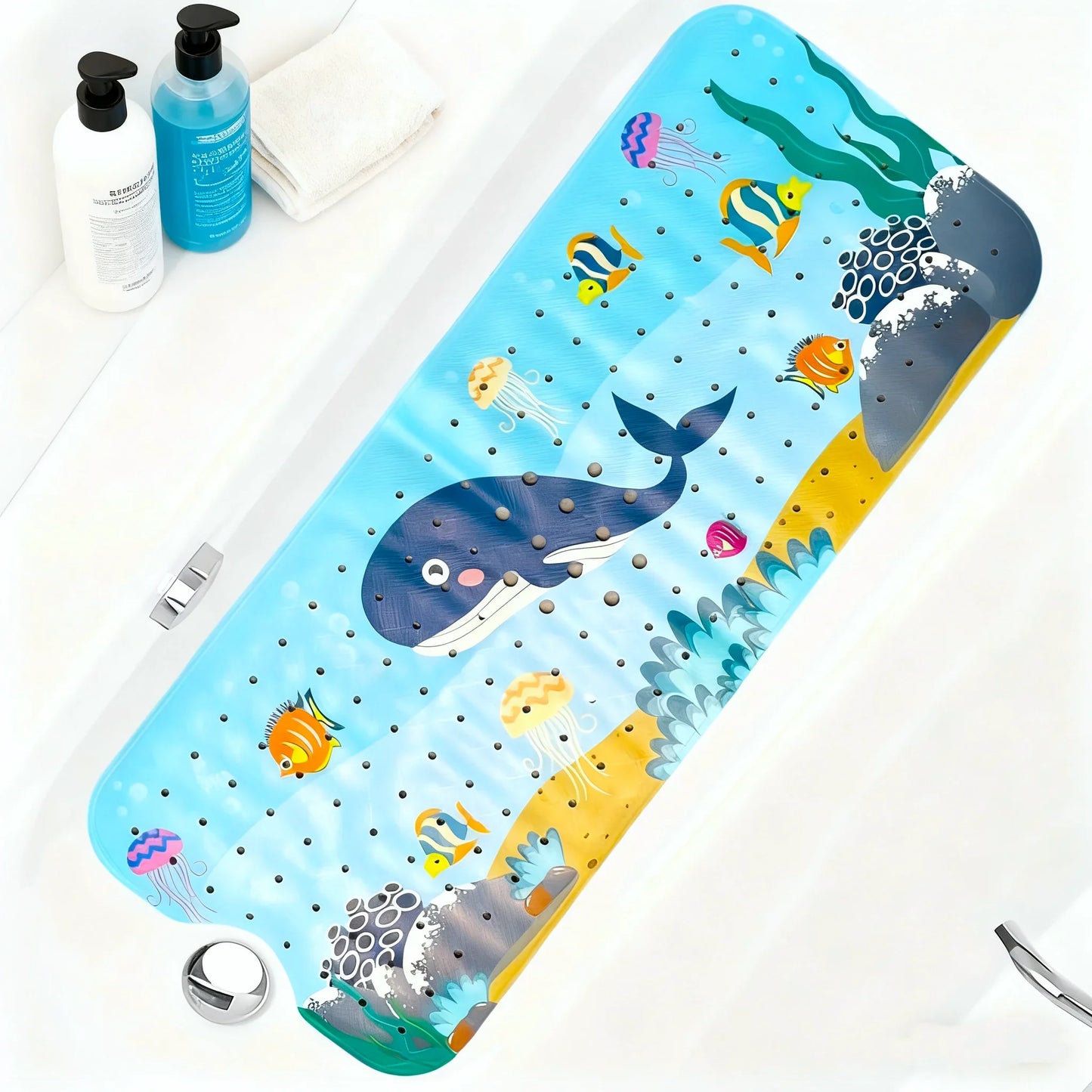 1pc Cartoon Extra Long Bathtub Mat 40x100cm Non Slip Bath Mat for Bathroom Tubs Shower Mats with Suction Cups & Drain Holes