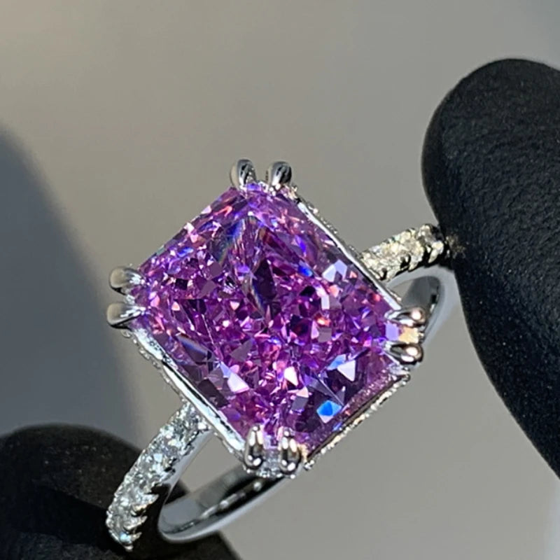 Exquisite Princess Purple Crystal Rings for Women Luxury 14K White Gold Plated Engagement Bride Resizable Ring Jewelry