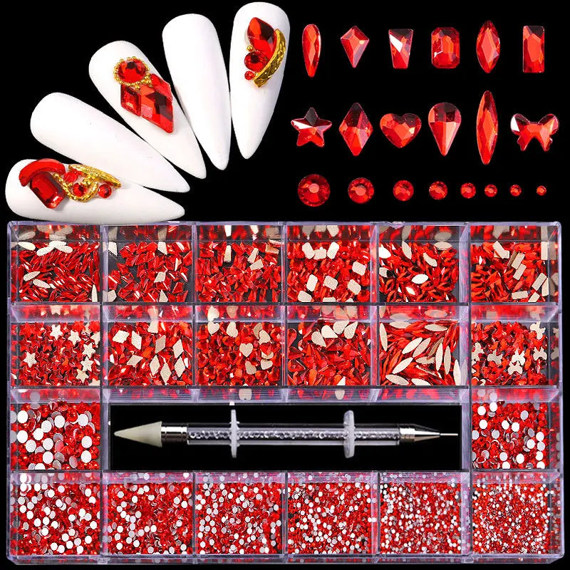 2500pcs Glass Crystal Diamond Flat Bottom Rhinestones Nail Art Decorations 21 Grid Box Nails Accessories Set With 1 Pick Up Pen