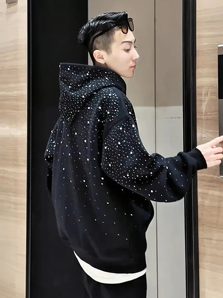Heavy Duty Street Hoodie with Shoulder Pads and Sparkling Rhinestones