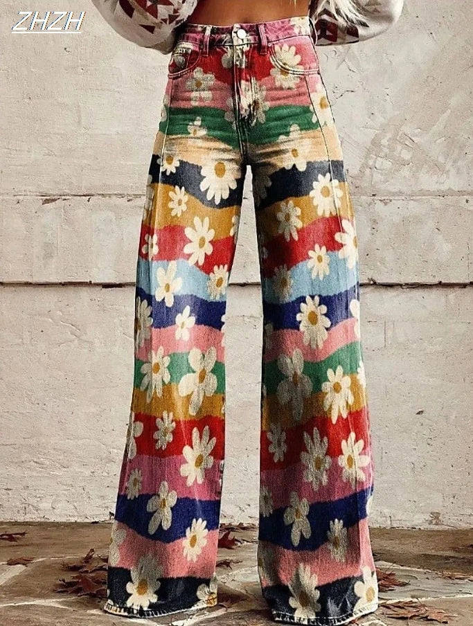 Retro Vintage Boho 1970s Pants Wide Legged Pants Hippie Disco High Waist Floral Faux Jeans Style Women's Festival Retro Pants