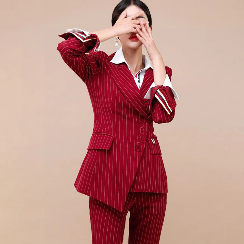 Red Stripe Women's Blazer Fashion Single Breasted Peak Lapel Outfits High Quality Office Lady 2 Pcs Jacket Pants Female Clothing