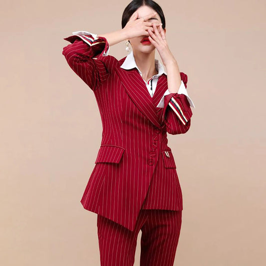 Red Stripe Women's Blazer Fashion Single Breasted Peak Lapel Outfits High Quality Office Lady 2 Pcs Jacket Pants Female Clothing