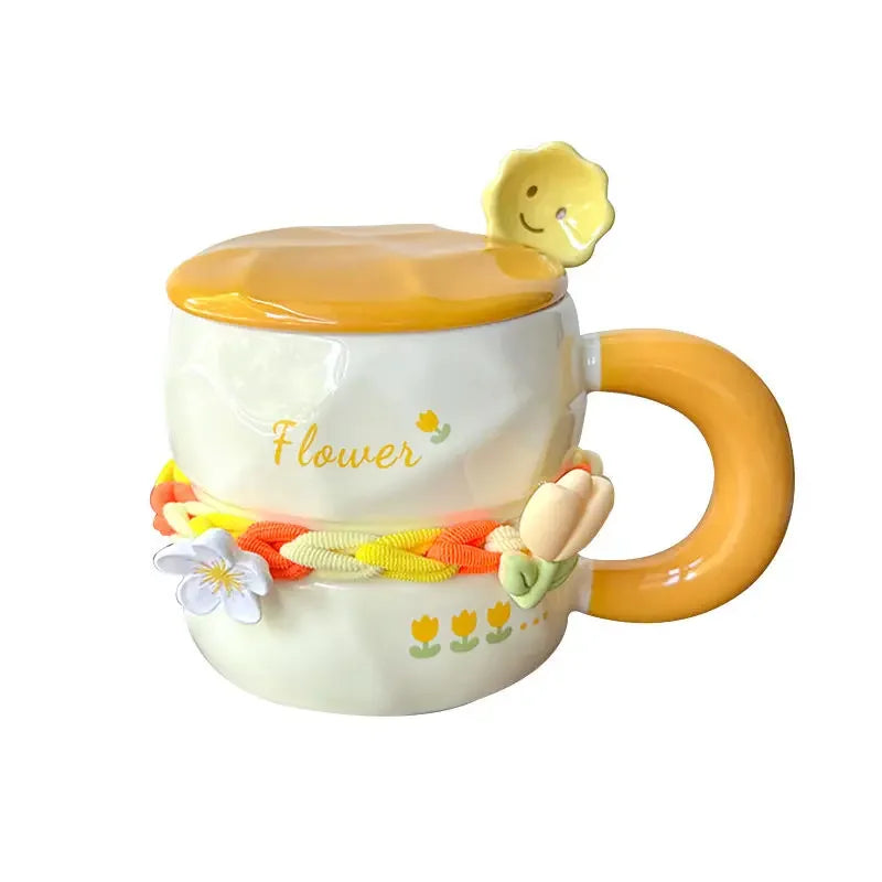 390ML Hand-Painted Flower Tea Cup Ceramic Mug Lid with Spoon Office Drinkware Cups Tea Coffee Milk Juice Bottle Creative Gift