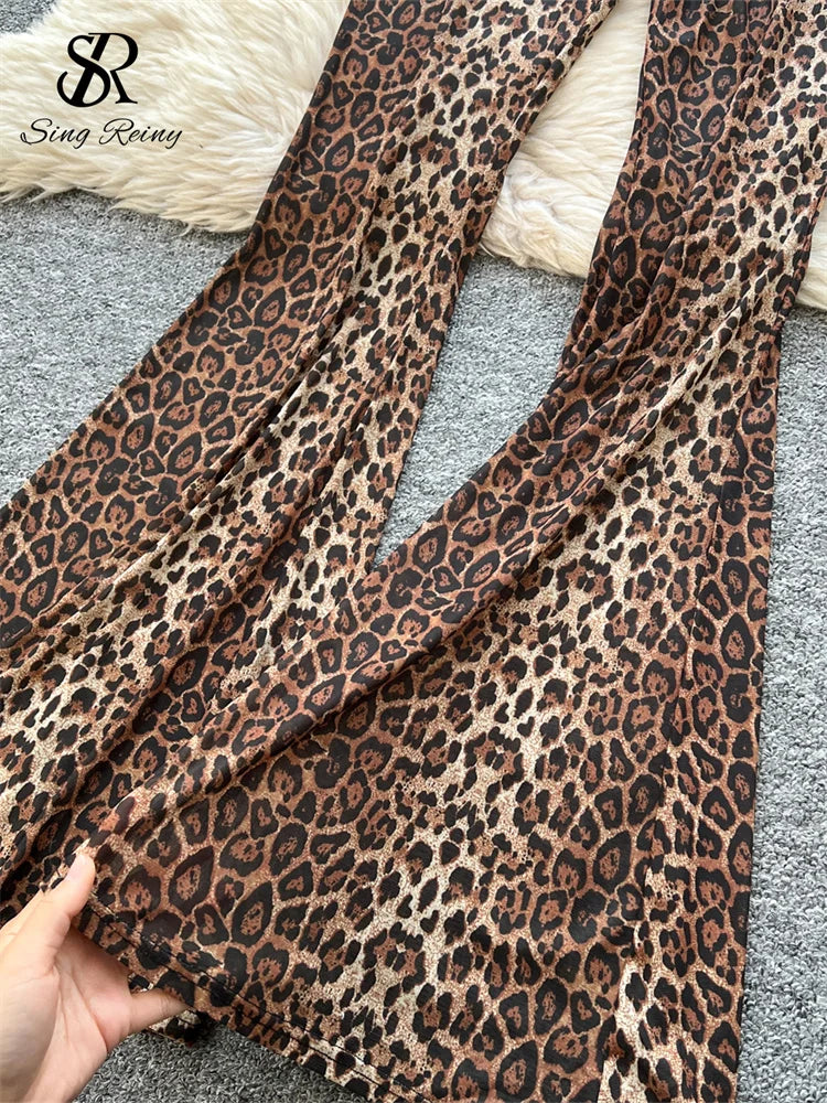 SINGREINY 2026 Newest Leopard 2pcs Suits Women Sexy Strap Tops+Elastic Waist Flared Pants American Ins Fashion Hotsweet Sets
