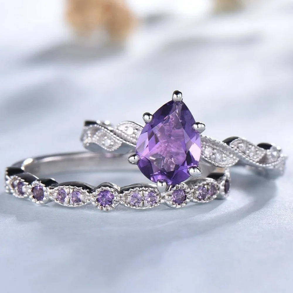 New Silver Plated Rings set For Women Geometric Amethyst Jewelry Wedding Engagement Ring Wholesale Size 6-10