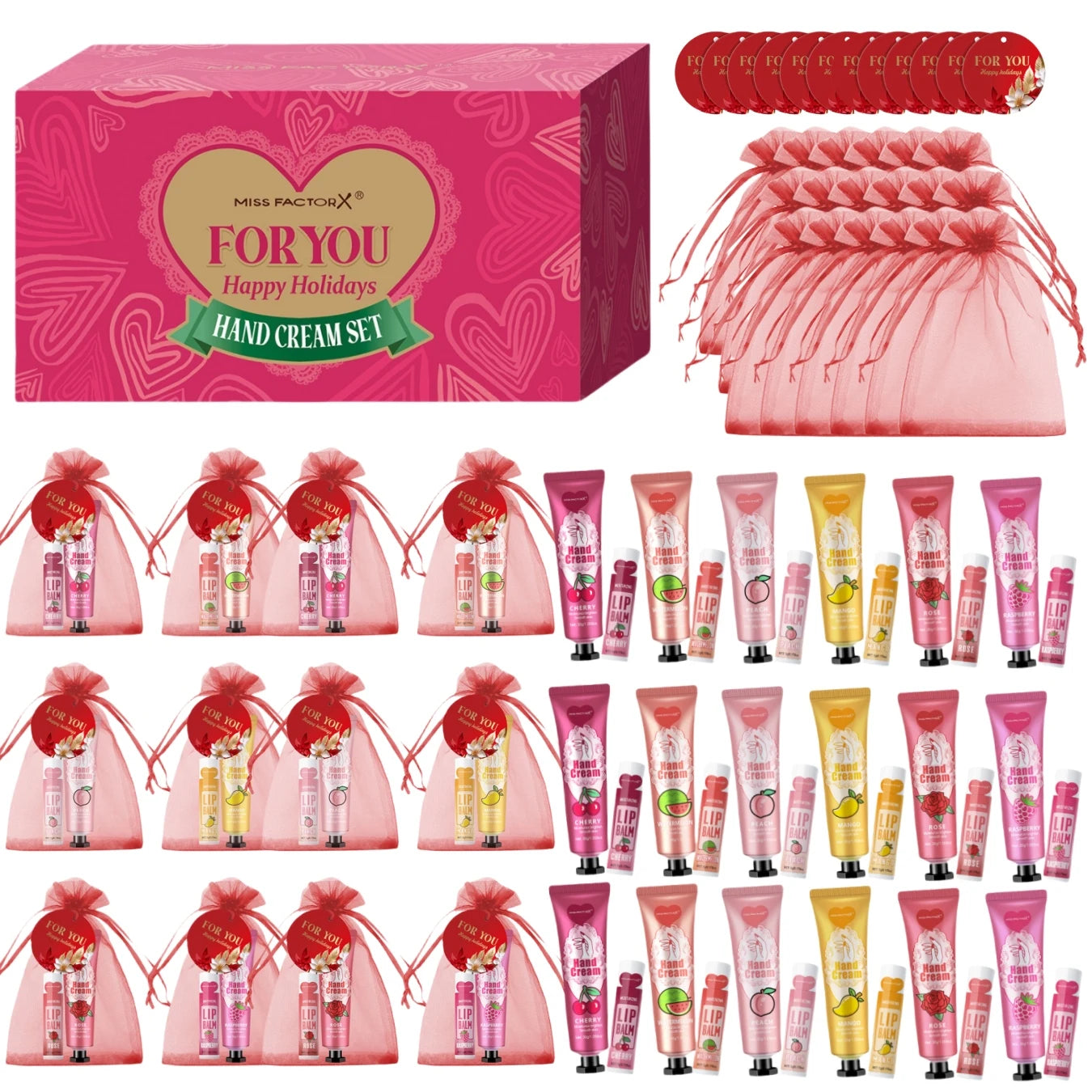 96pcs gift set hand cream and lip balm, with thank you card and organza bag, suitable for wedding, ladies party