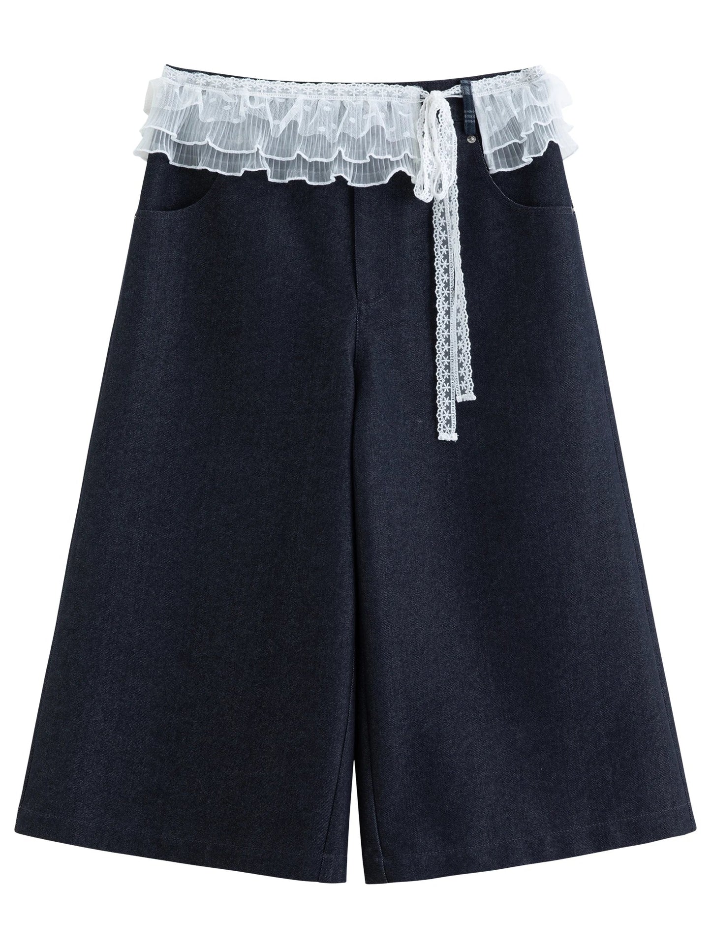 Women's Lace Overlay Cropped Jeans High Waist Straight Leg