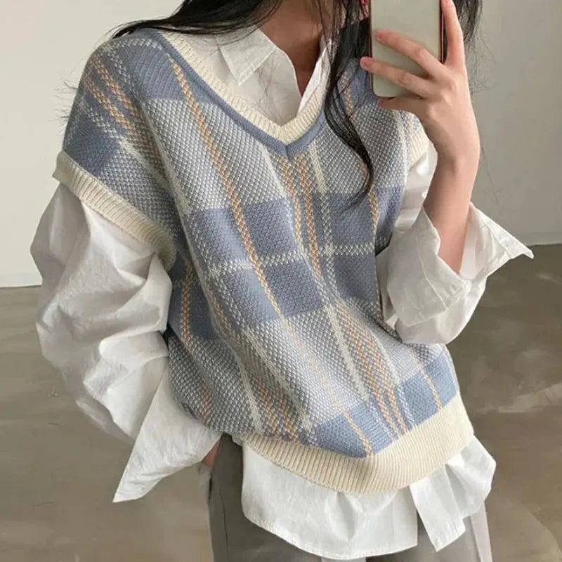 Vintage Korean Style Plaid Knit Pullover Vest