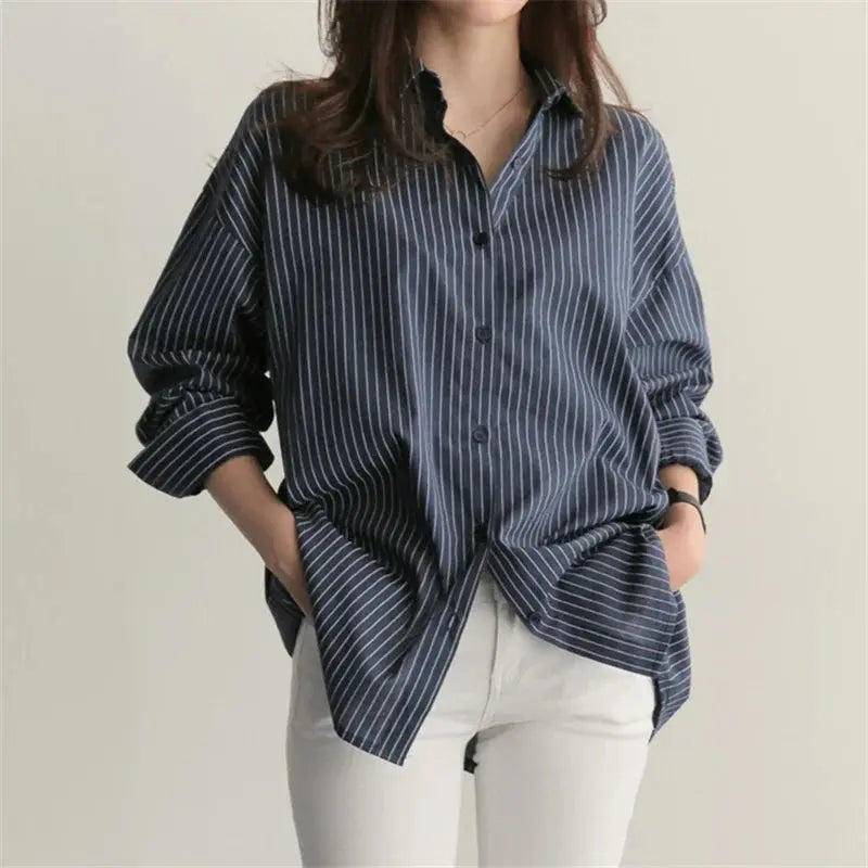 Korean-Style Loose Fit Striped Shirt for Women