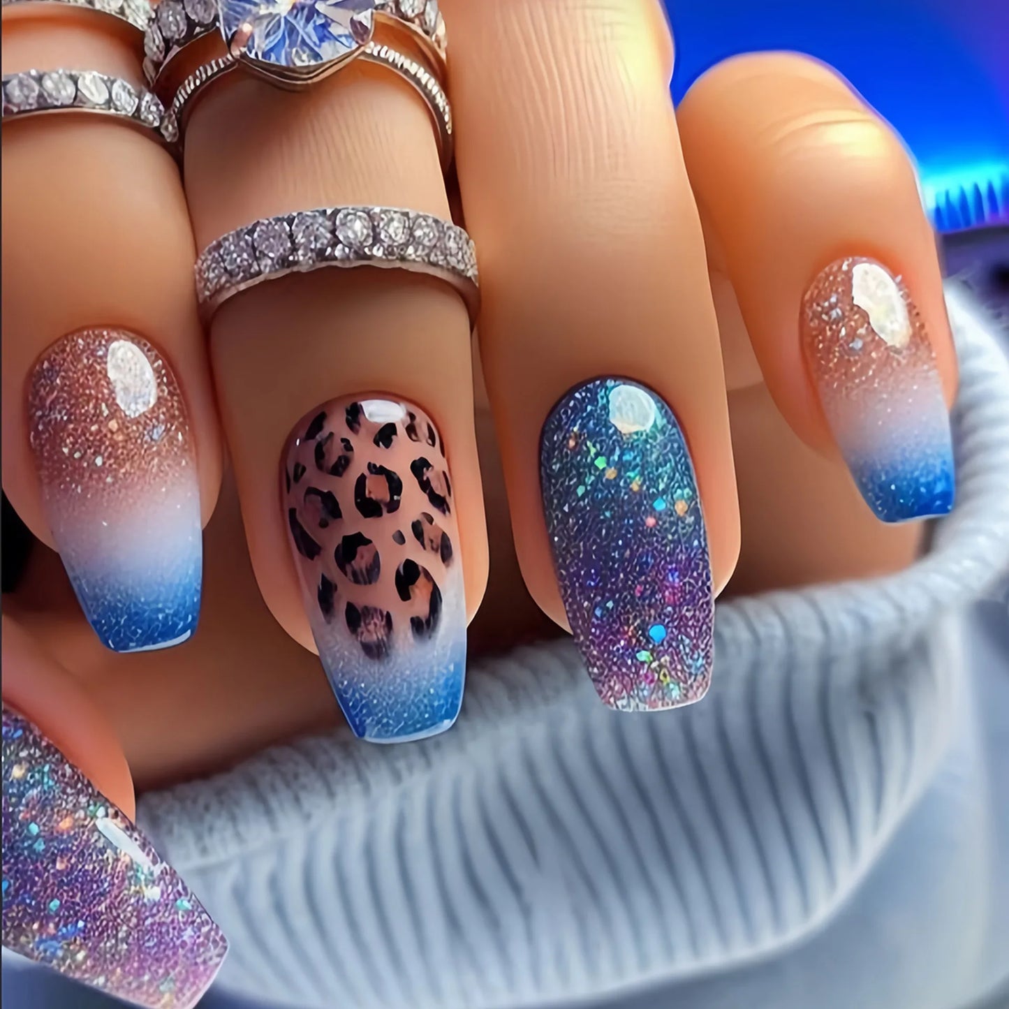 Medium long fake nails for women girls Y2K colorful gradient leopard print Pink green coffee coffin tips press on false nail set