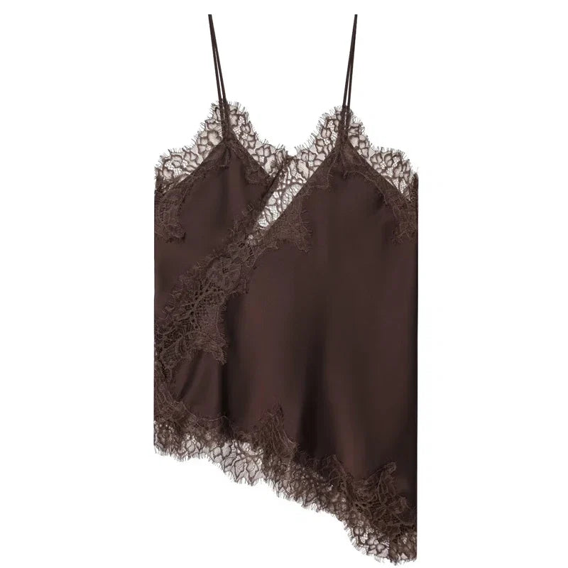 HXAO 2025 Woman Asymmetrical Slip Top Women Sexy Black Yellow Blue Top Lace Tanks & Camis Chic Y2K Sleeveless Backless Camisole