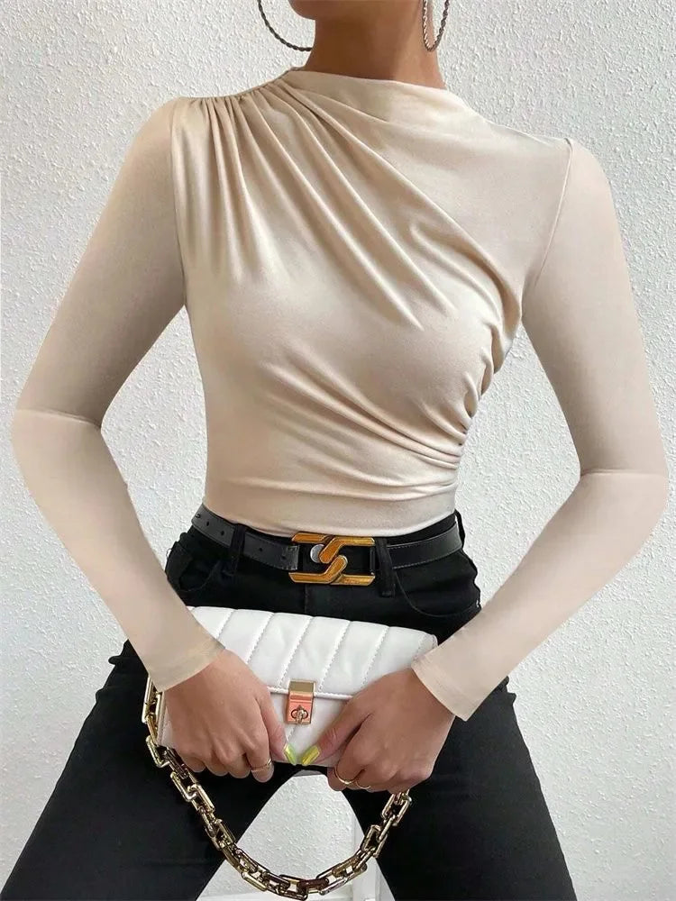Casual Pleated Mock Neck Long Sleeve T-shirt for Women Autumn Winter Spring Solid Color Ruched Skinny Slim Fit Blouse Top Tshirt