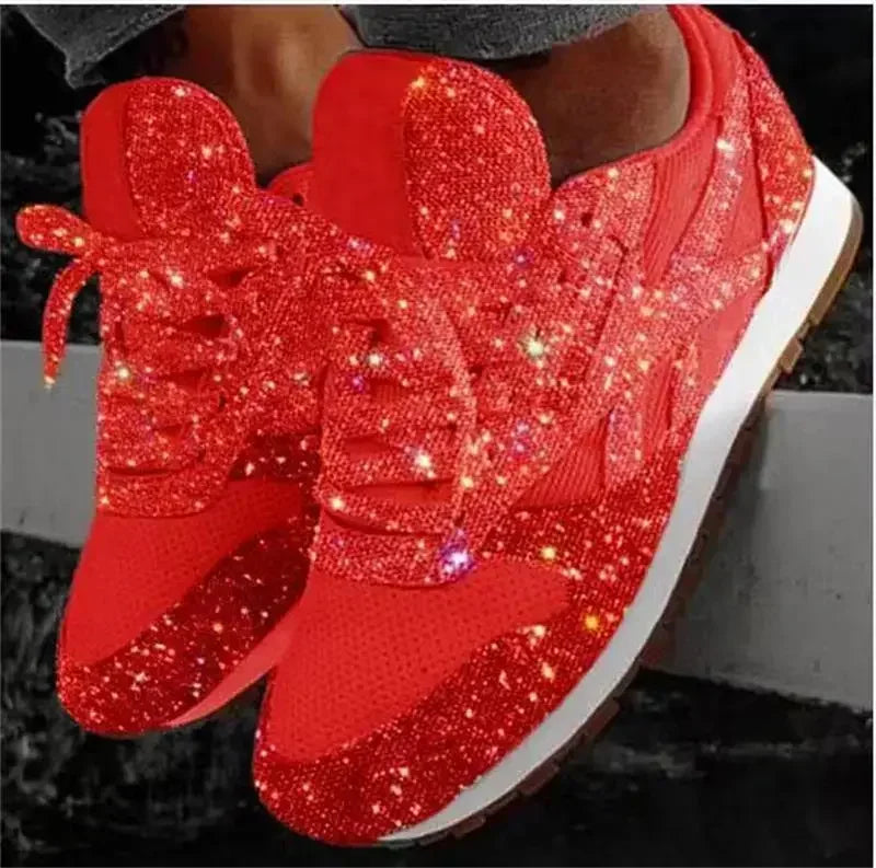 New Women Flat Sneakers Casual Bling Vulcanized Shoes Women Mesh Lace