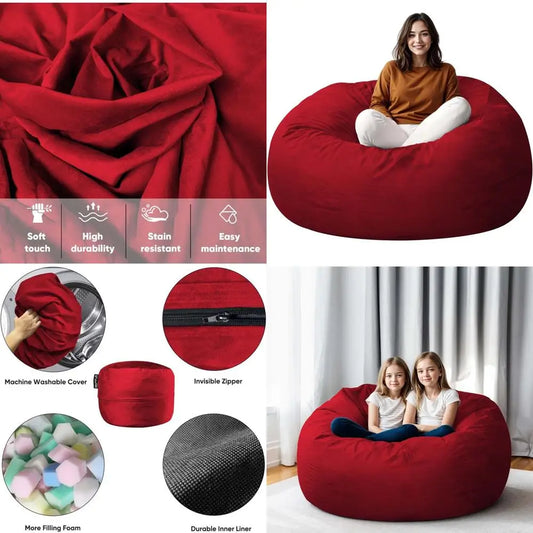 *4FT Removable Cover Bean Bag Chair with Memory Foam, Giant Sofa Bean Bag for Reading and Gaming, Cozy Red