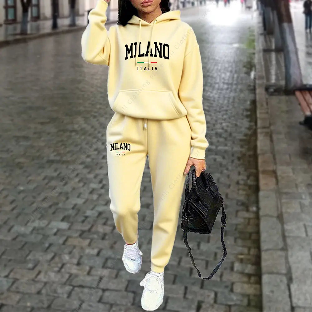 2pcs MILANO Letter Print Women’s Hoodie & Pants Tracksuit Set Sweatsuits in a Variety of Colors