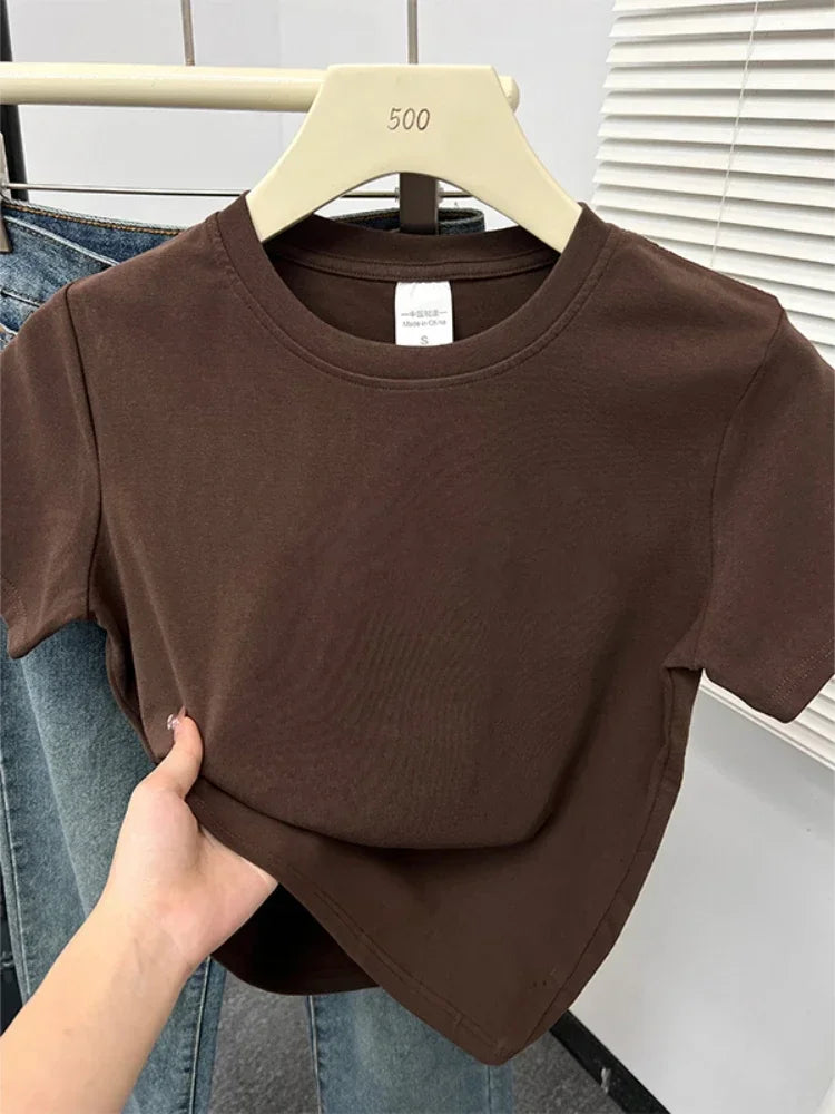 2026 Summer New High Quality Casual Plus Size T Shirt Sexy Short Sleeved Sleeves Fashion Trend Solid Women Clothing Y2k Tops