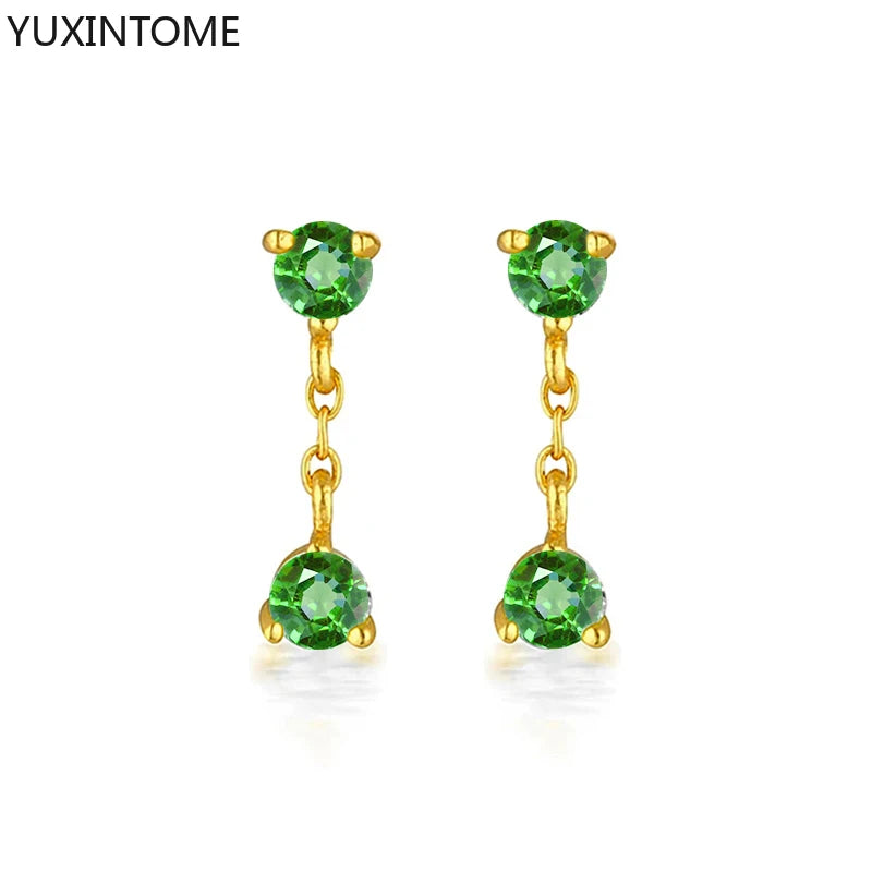 925 Sterling Silver Ear Needle Green Zircon Stud Earrings for Women Luxury Long Chain Geometric Gold Earrings Fashion Jewelry