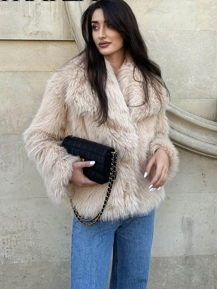 Cropped Faux Fur Coat Long Sleeve Front Snap-button Female Outerwear Chic Lapel Collar Thick Coat