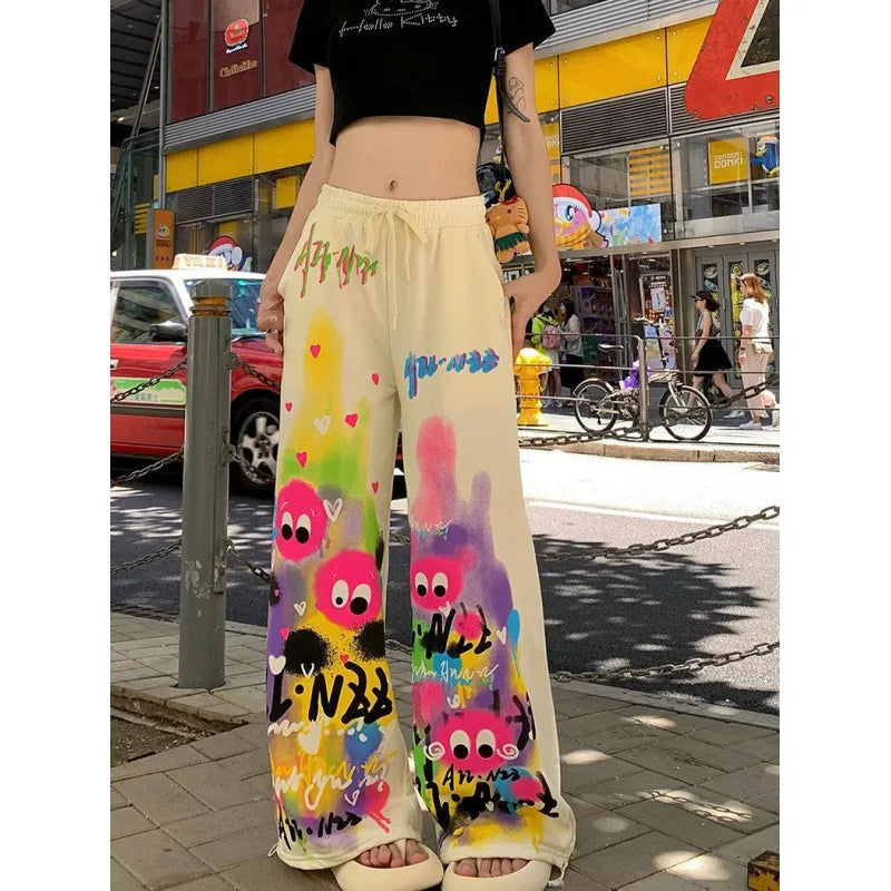 Pink Wide Leg Pants High Waist Loose Graffiti Casual Long Trousers Sweatpants Women's Walking Pants Comfortable Street Style