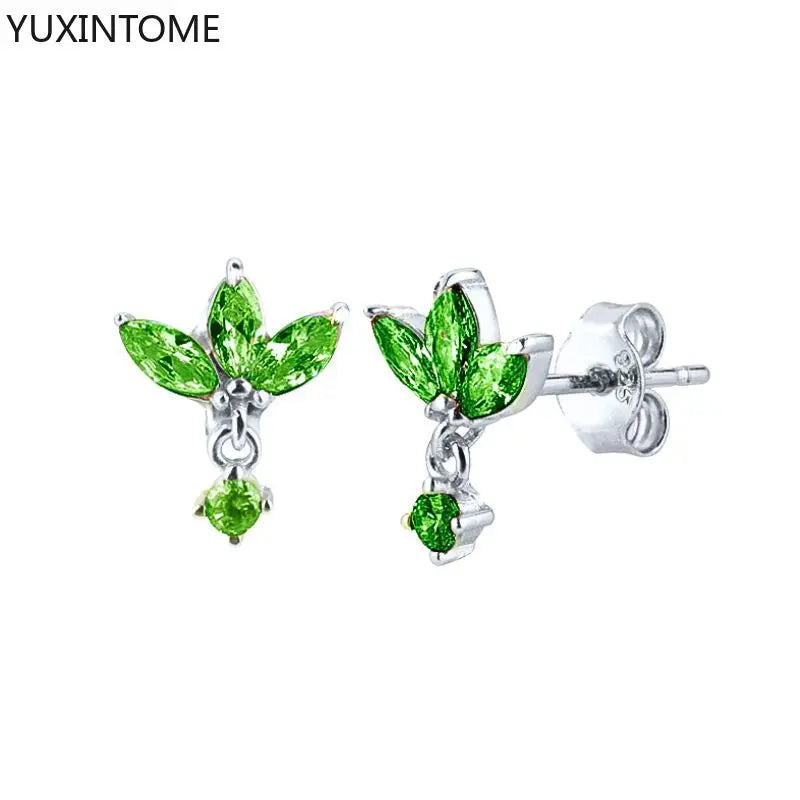925 Sterling Silver Ear Needle Green Zircon Stud Earrings for Women Luxury Long Chain Geometric Gold Earrings Fashion Jewelry