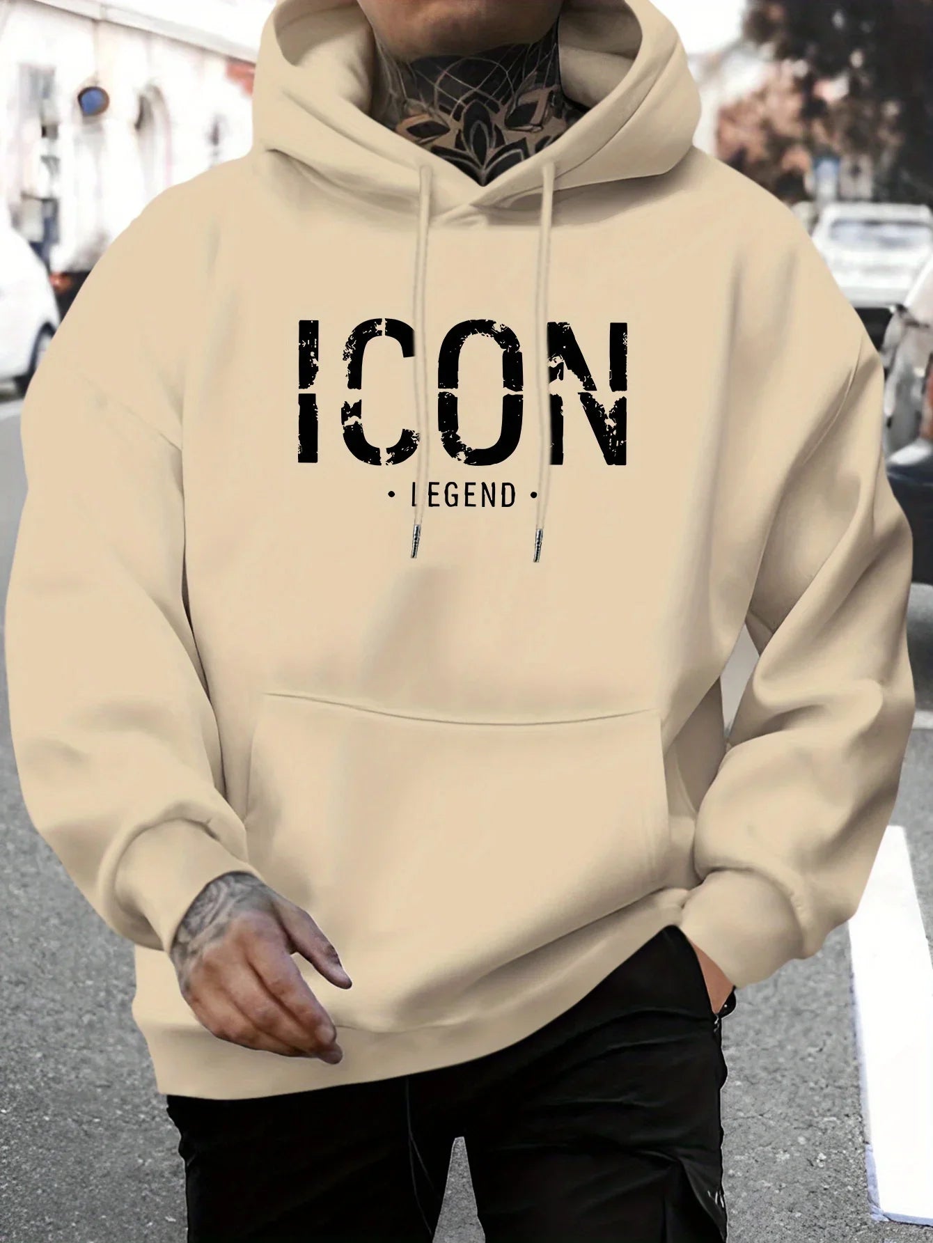 Men's Casual Pullover Sport Hoodie with "ICON" & "LEGEND" Graphic Print Fashion Hoodie